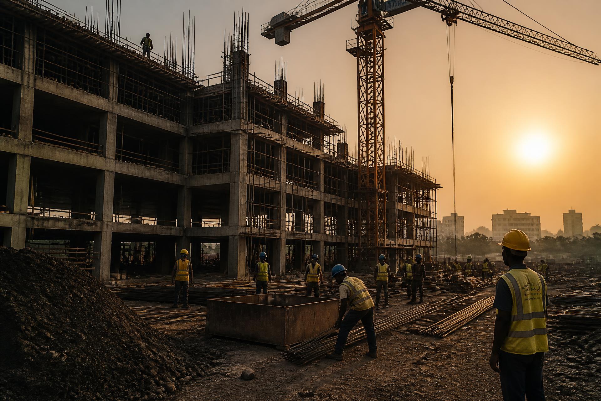 Chantier de construction d'un bâtiment en béton armé en République démocratique du Congo