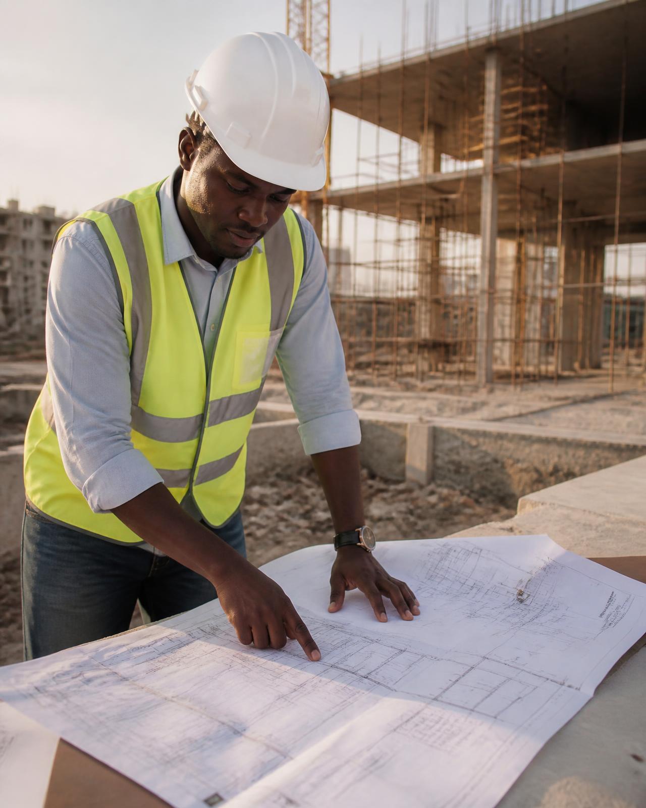 Ingénieur en tenue de sécurité étudiant des plans d'exécution sur un chantier